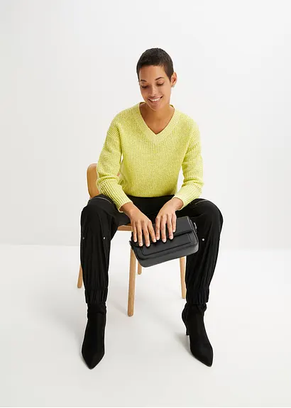 Bonprix Oversized Pullover Aus Waffelstrick Mit V-Ausschnitt - Grün