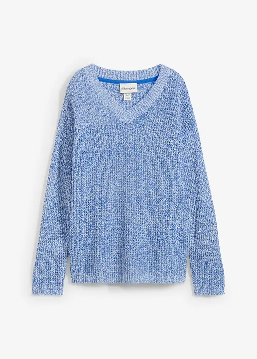 bonprix Oversized Pullover aus Waffelstrick mit V-Ausschnitt - blau