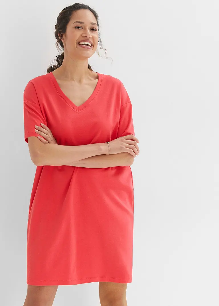 Bonprix Oversized T-Shirt-Kleid Mit V-Ausschnitt - Hibiskuspink+schwarz