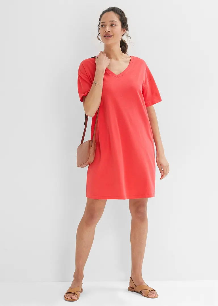 Bonprix Oversized T-Shirt-Kleid Mit V-Ausschnitt - Hibiskuspink+schwarz