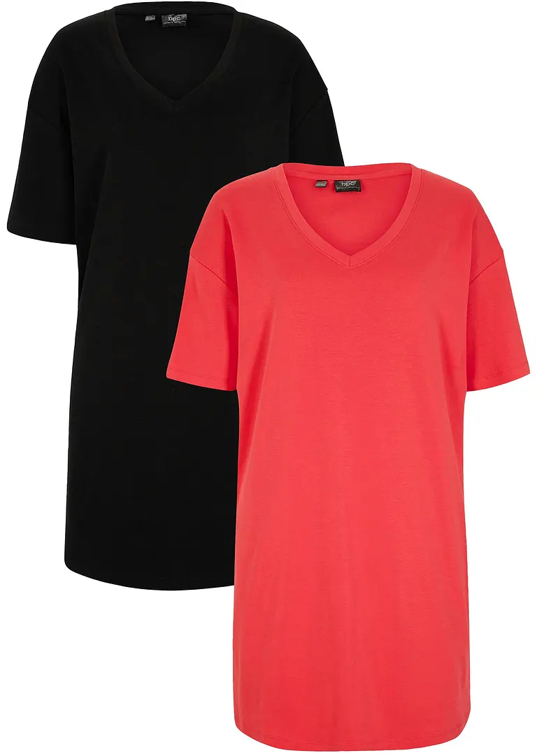bonprix Oversized T-Shirt-Kleid mit V-Ausschnitt - hibiskuspink+schwarz