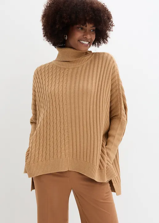 Bonprix Poncho Mit Verschiedenen Strickmustern - Beige - Damen