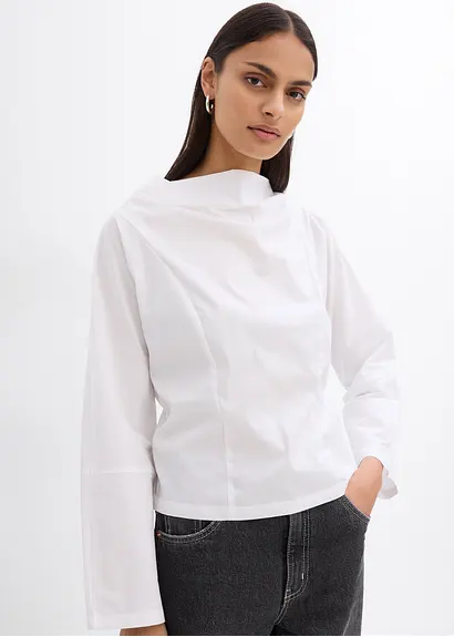 Bonprix Popeline Bluse Mit Wasserfall-Ausschnitt Und Seitlichem Reißverschluss Zur Weitenregulierung