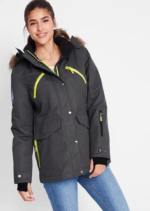 Bonprix Praktische Regenjacke Mit Abnehmbarer Kapuze Sowie Abnehmbarem Fellimitat Und Verschließbaren Taschen