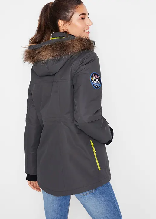 Bonprix Praktische Regenjacke Mit Abnehmbarer Kapuze Sowie Abnehmbarem Fellimitat Und Verschließbaren Taschen