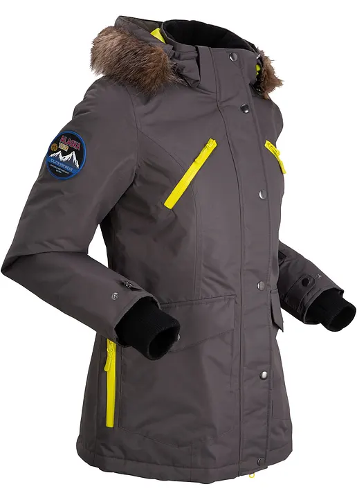 bonprix Praktische Regenjacke mit abnehmbarer Kapuze sowie abnehmbarem Fellimitat und verschließbaren Taschen