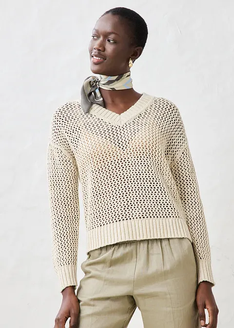 Bonprix Pullover In Schönem Ajour Und Leichtem Leinen-Mix - Beige - Damen