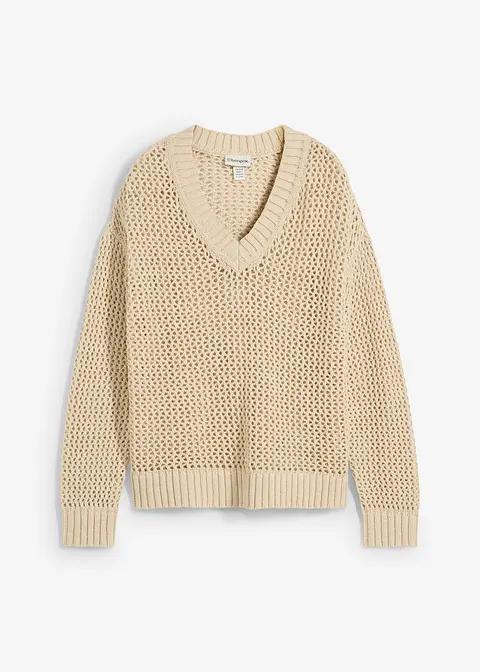 bonprix Pullover in schönem Ajour und leichtem Leinen-Mix - beige - Damen