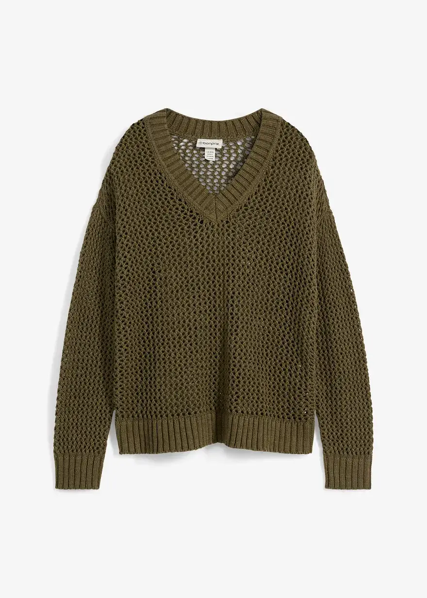 bonprix Pullover in schönem Ajour und leichtem Leinen-Mix - grün - Damen