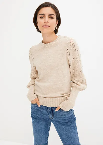 Bonprix Pullover Mit Ajourmuster Auf Den Ärmeln - Beige - Damen