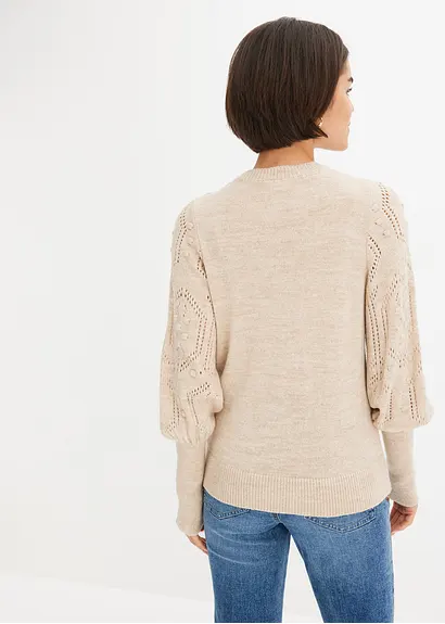 Bonprix Pullover Mit Ajourmuster Auf Den Ärmeln - Beige - Damen