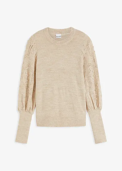 bonprix Pullover mit Ajourmuster auf den Ärmeln - beige - Damen