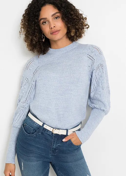 Bonprix Pullover Mit Ajourmuster Auf Den Ärmeln - Blau - Damen
