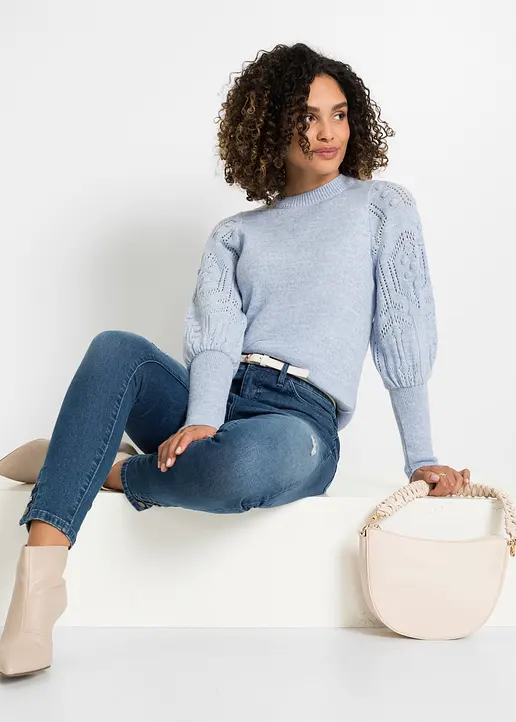Bonprix Pullover Mit Ajourmuster Auf Den Ärmeln - Blau - Damen