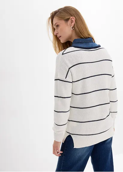 Bonprix Pullover Mit Allover Streifen-Dessin Und V-Ausschnitt - Weiß