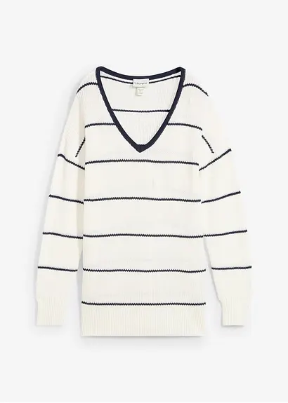 bonprix Pullover mit Allover Streifen-Dessin und V-Ausschnitt - weiß bonprix Pullover mit Allover Streifen-Dessin und V-Ausschnitt - weiß