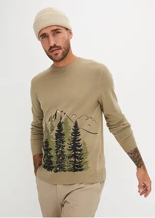 Bonprix Pullover Mit Druck Und Rippbündchen An Saum Und Ärmeln - Grün