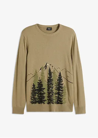 Bonprix Pullover Mit Druck Und Rippbündchen An Saum Und Ärmeln - Grün