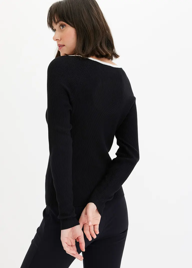 Bonprix Pullover Mit Kontrast-Piping Am Ausschnitt - Schwarz