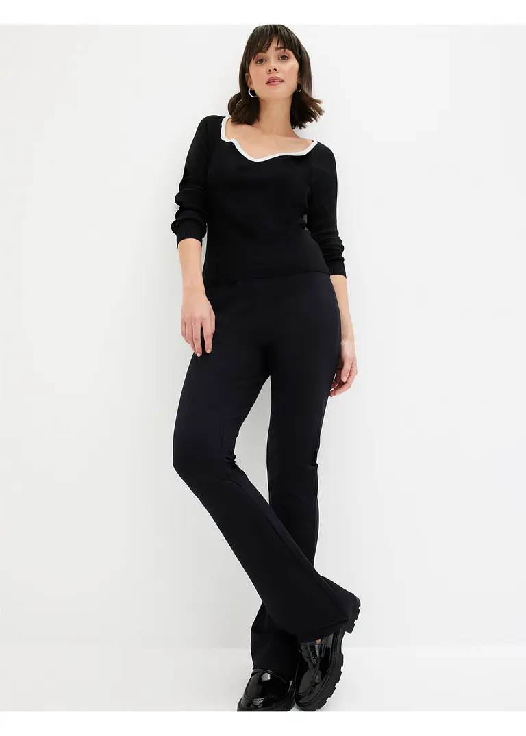 Bonprix Pullover Mit Kontrast-Piping Am Ausschnitt - Schwarz