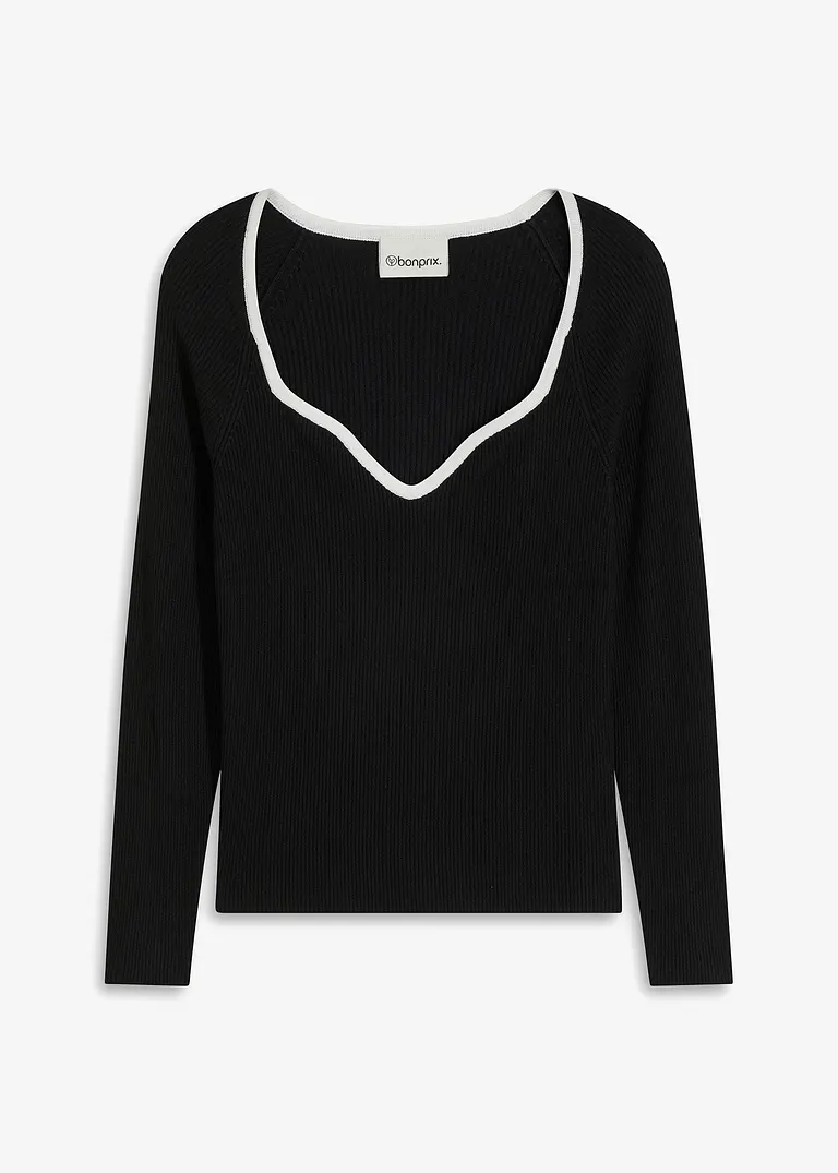 bonprix Pullover mit Kontrast-Piping am Ausschnitt - schwarz bonprix Pullover mit Kontrast-Piping am Ausschnitt - schwarz