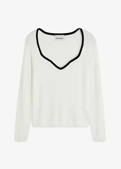 bonprix Pullover mit Kontrast-Piping am Ausschnitt - weiß bonprix Pullover mit Kontrast-Piping am Ausschnitt - weiß
