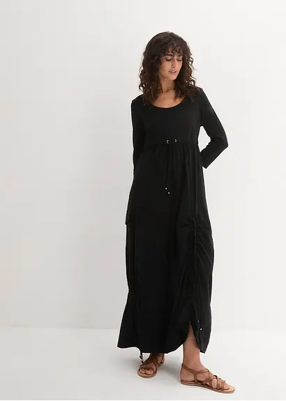 Bonprix Raffiniertes 3/4-Arm-Shirtkleid In Maxilänge - Schwarz