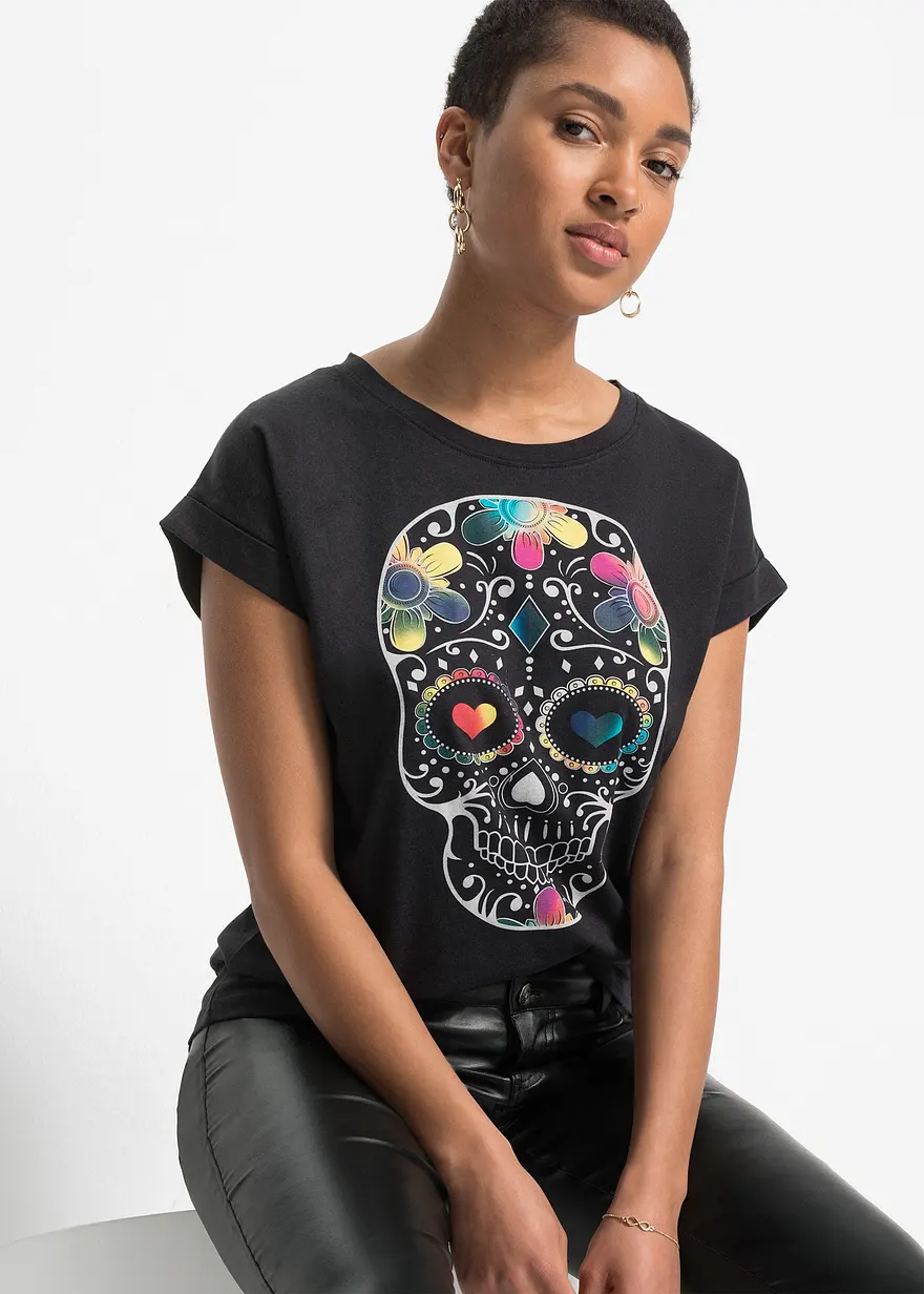 Bonprix Rockiges T-Shirt Mit Totenkopf-Druck - Schwarz - Damen
