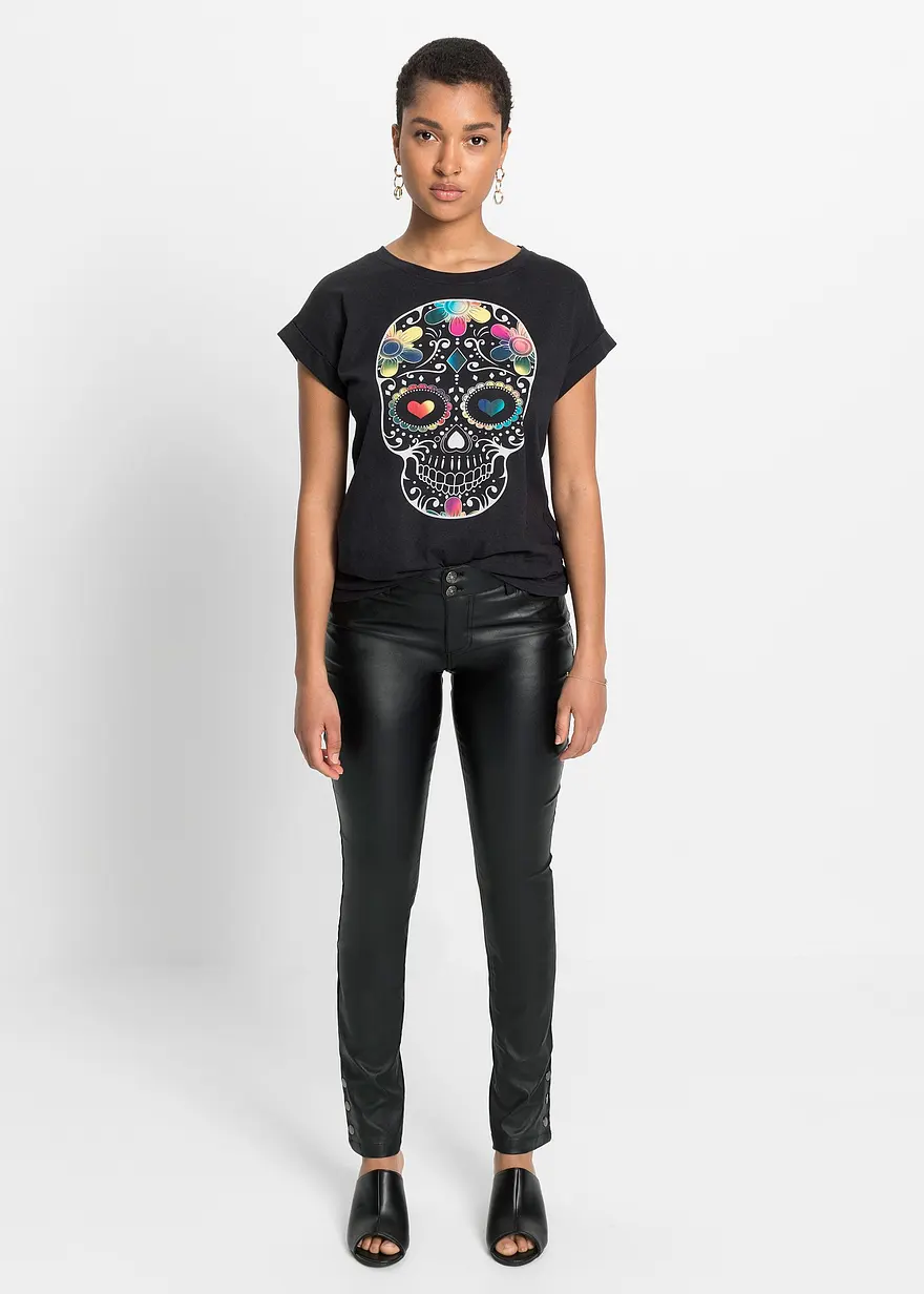 Bonprix Rockiges T-Shirt Mit Totenkopf-Druck - Schwarz - Damen