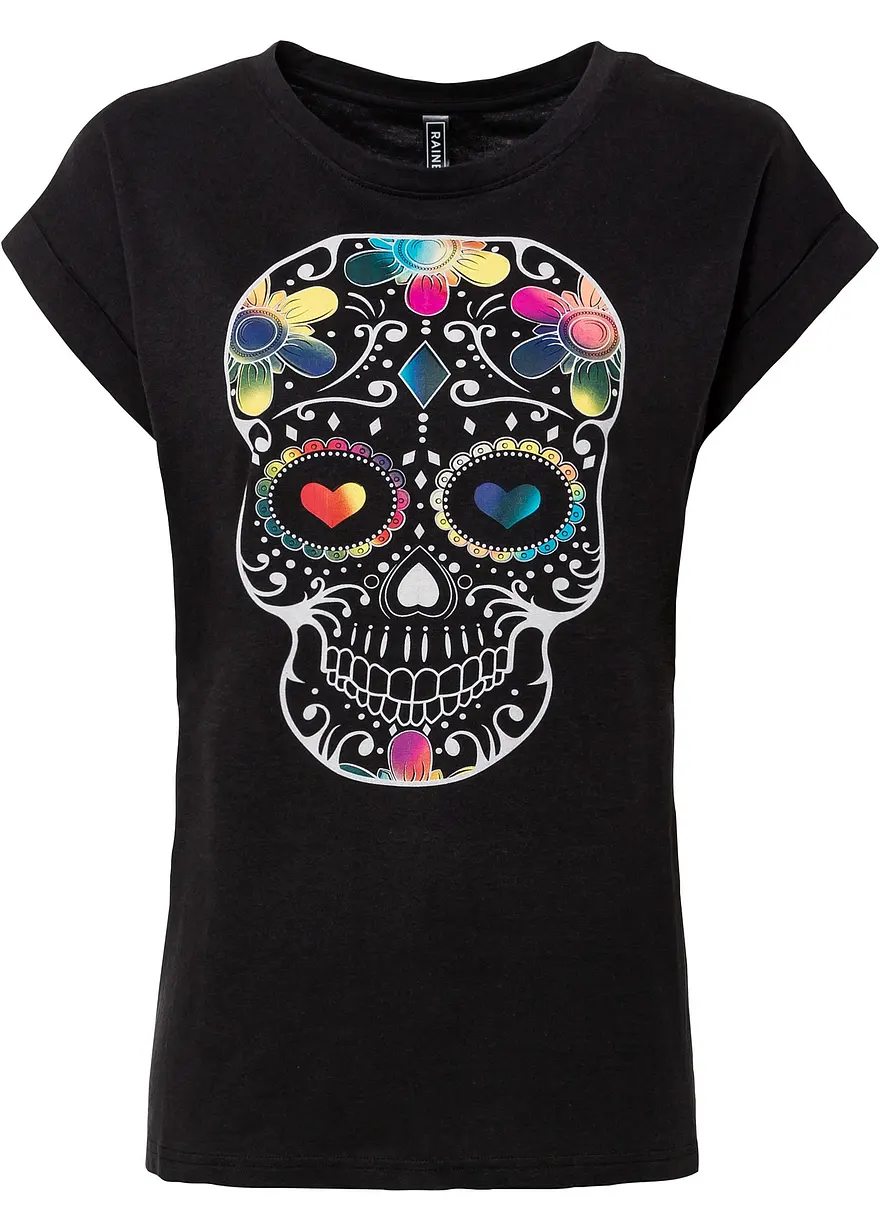 bonprix Rockiges T-Shirt mit Totenkopf-Druck - schwarz - Damen