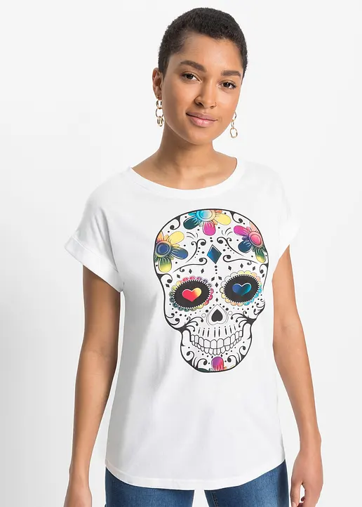 Bonprix Rockiges T-Shirt Mit Totenkopf-Druck - Weiß - Damen