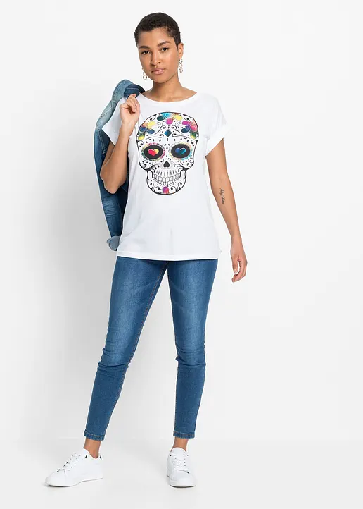 Bonprix Rockiges T-Shirt Mit Totenkopf-Druck - Weiß - Damen