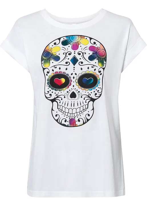 bonprix Rockiges T-Shirt mit Totenkopf-Druck - weiß - Damen