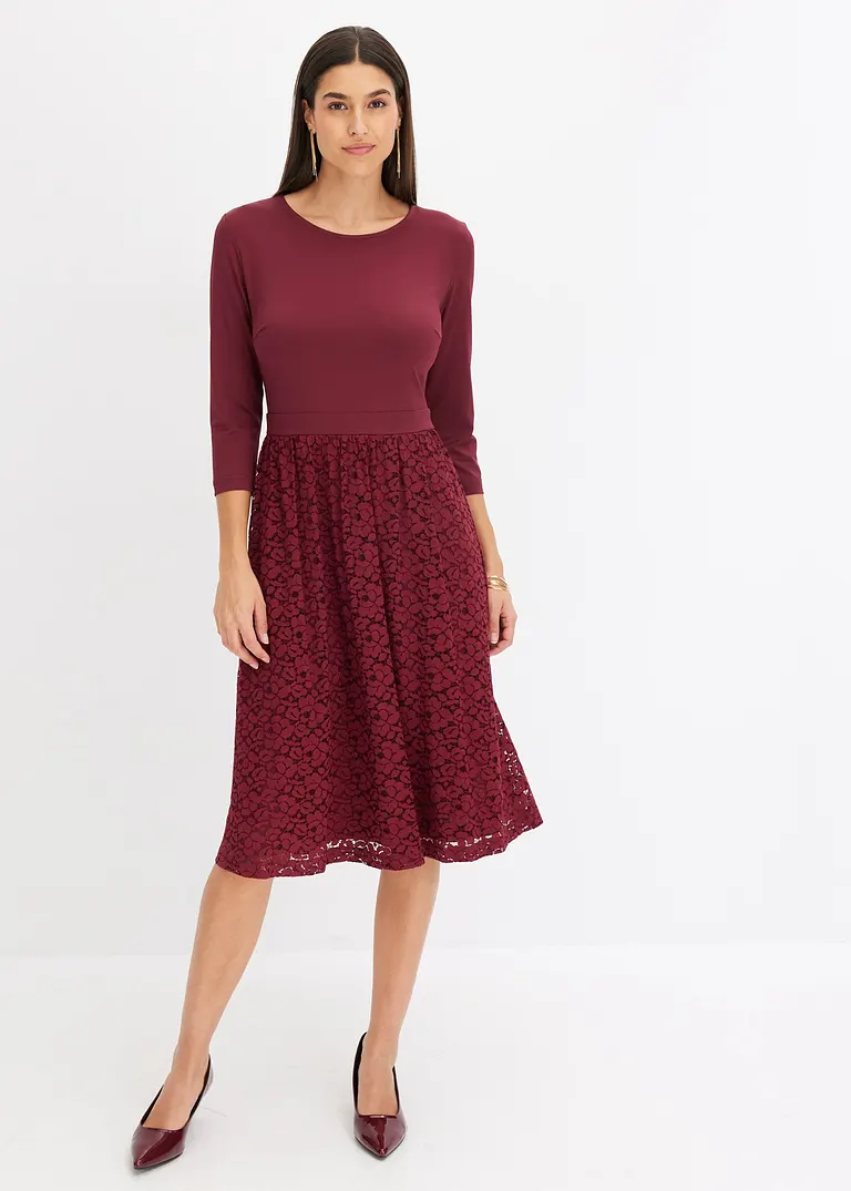 Bonprix Romantisch Und Feminin: Ausgestelltes Midikleid Aus Spitze Mit Jersey-Oberteil Und Taillen-Einsatz