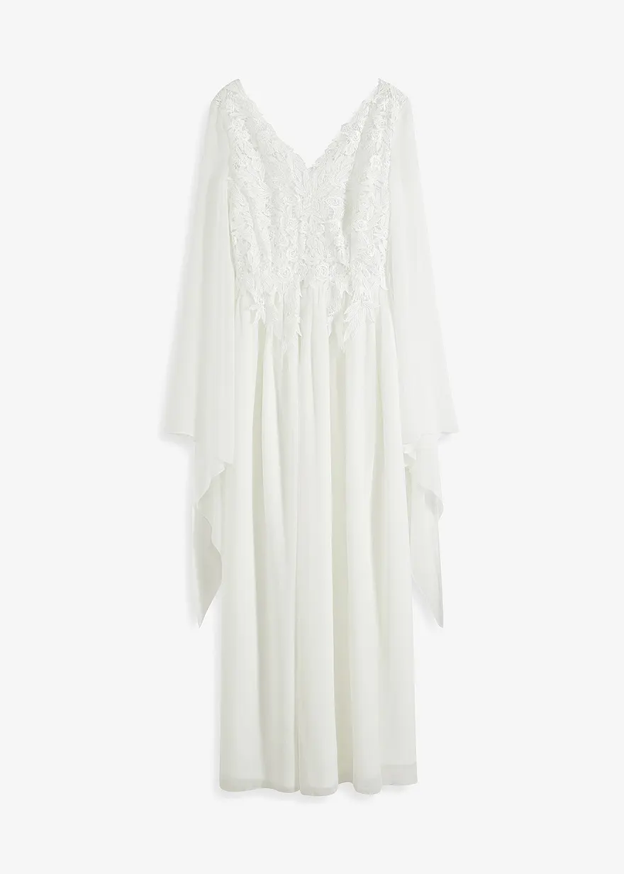 bonprix Romantisch verspieltes Brautkleid aus feinem Chiffon mit bezaubernder Spitze im Oberteil und langen asymmetrischen Ärmeln mit Cut-Outs