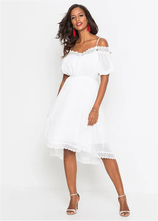 Bonprix Romantisches Kleid Mit Asymmetrischem Saum - Weiß