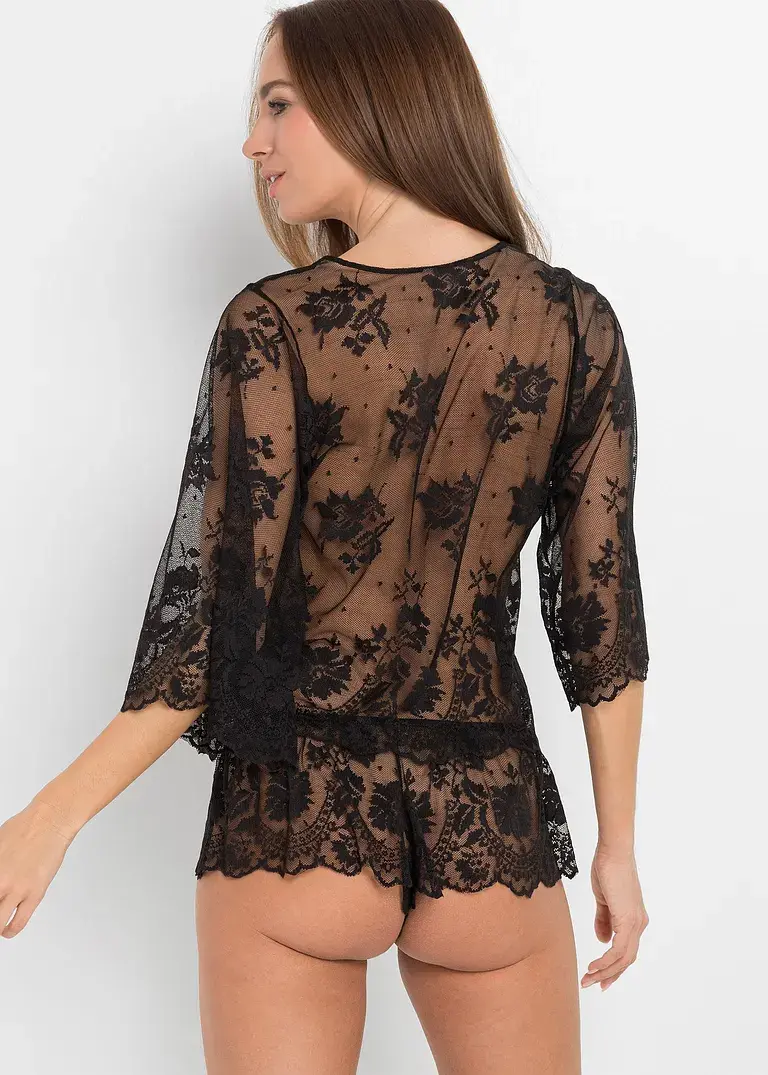 Bonprix Romantisches Set Aus Langarmtop Und Panty - Schwarz