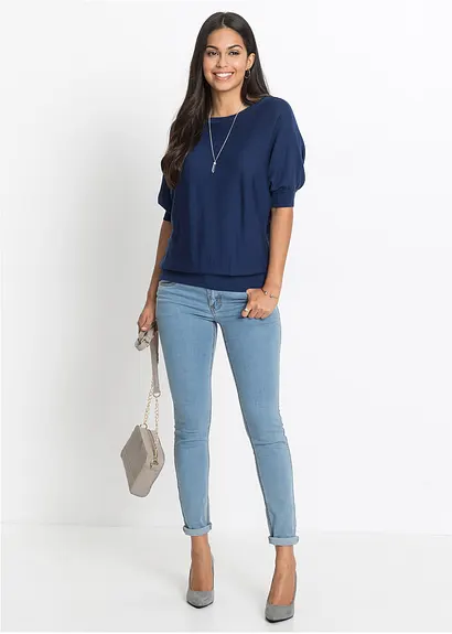 Bonprix Rundhals-Pullover Mit Kurzen Fledermausärmeln - Blau