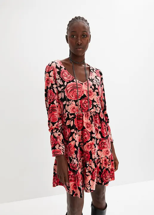 Bonprix Samtkleid Mit Blumen Print Und Langärmelig - Schwarz