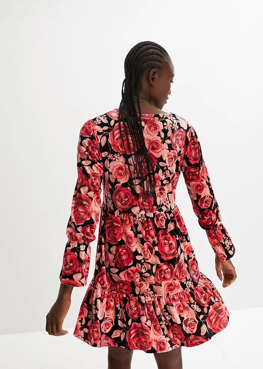 Bonprix Samtkleid Mit Blumen Print Und Langärmelig - Schwarz