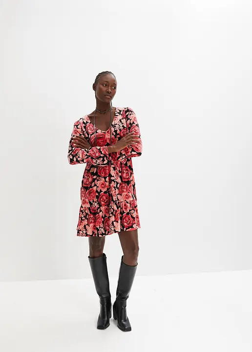 Bonprix Samtkleid Mit Blumen Print Und Langärmelig - Schwarz