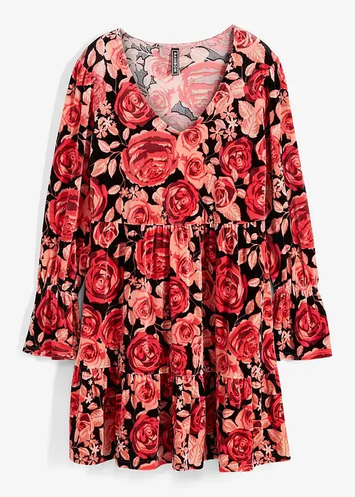 bonprix Samtkleid mit Blumen Print und langärmelig - schwarz