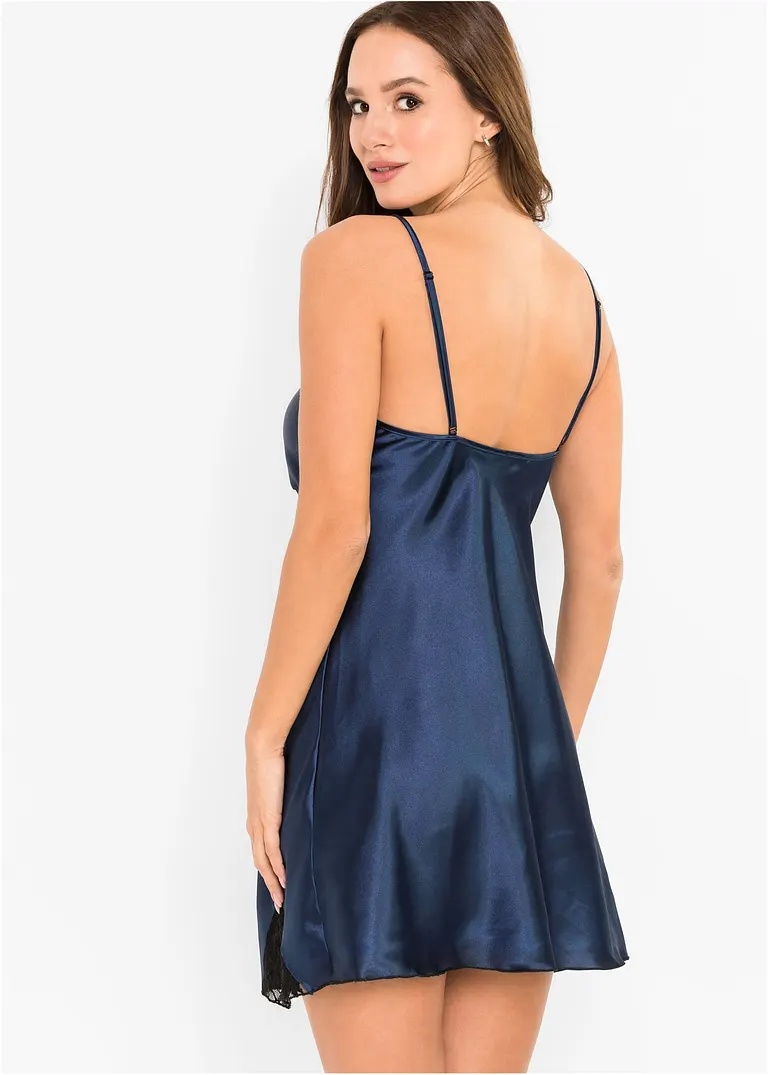 Bonprix Satin-Negligé Mit Spitzeneinsätzen - Blau - Damen