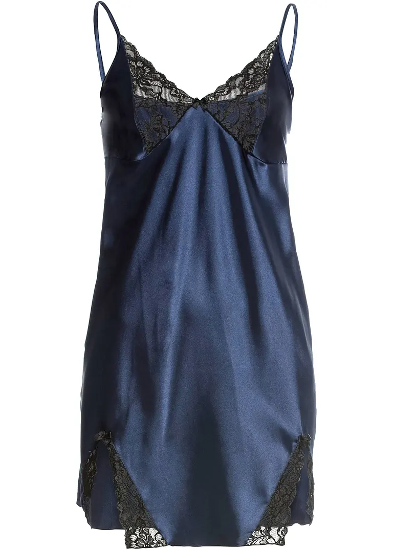 bonprix Satin-Negligé mit Spitzeneinsätzen - blau - Damen