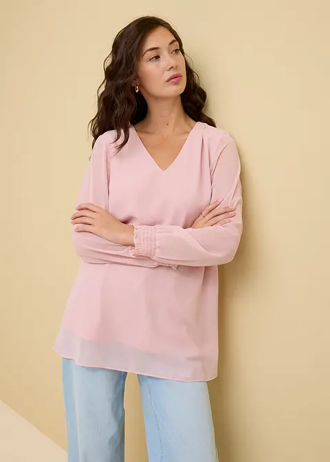 Bonprix Schick Kombinierbare Tunikabluse Mit Gesmoktem Ärmelsaum - Rosa