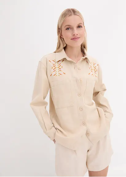 Bonprix Schicke Jeansjacke Mit Taschen Und Muster - Beige