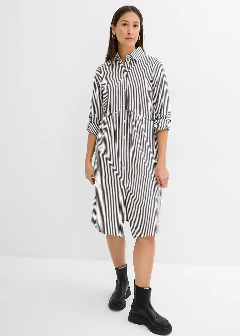 Bonprix Schickes Gestreiftes Hemdblusenkleid - Schwarz - Damen