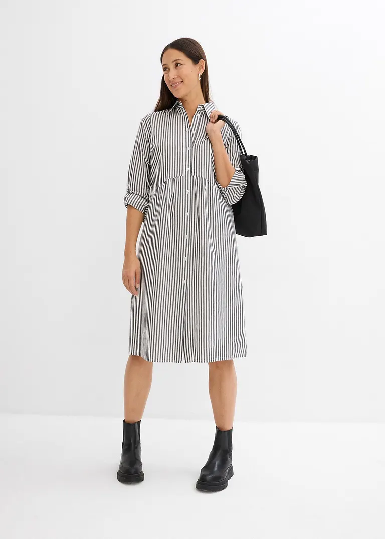 Bonprix Schickes Gestreiftes Hemdblusenkleid - Schwarz - Damen