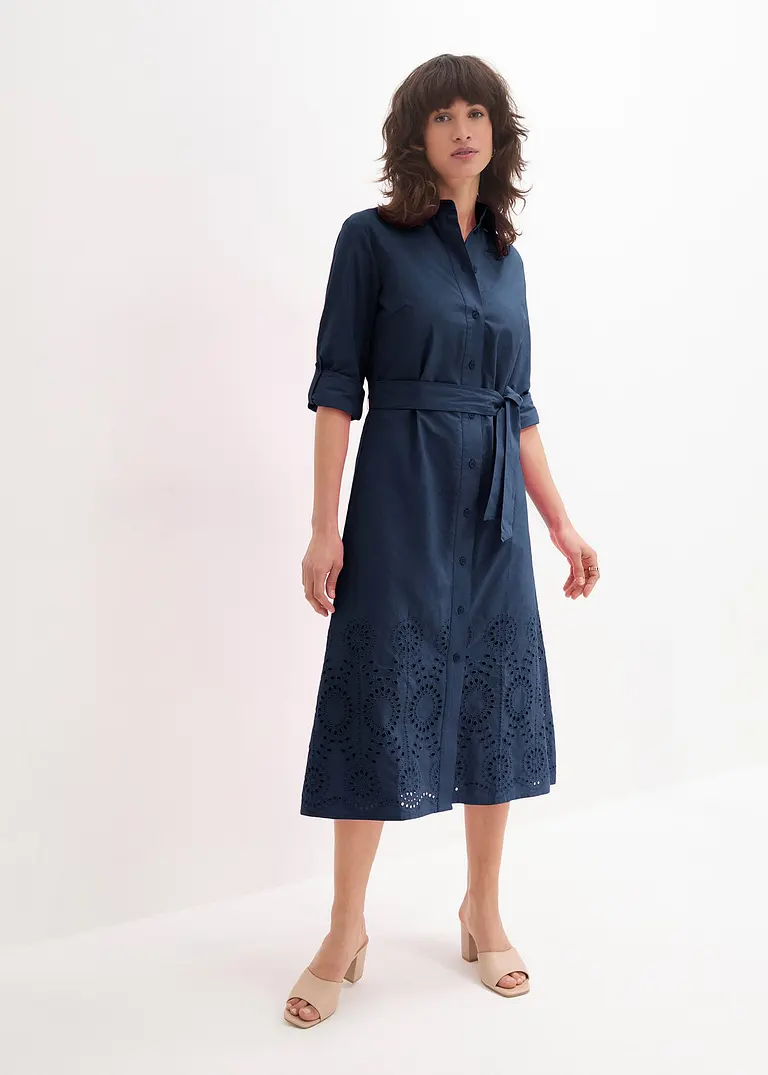 Bonprix Schickes Kleid Mit Lochstichstickerei - Blau Regular