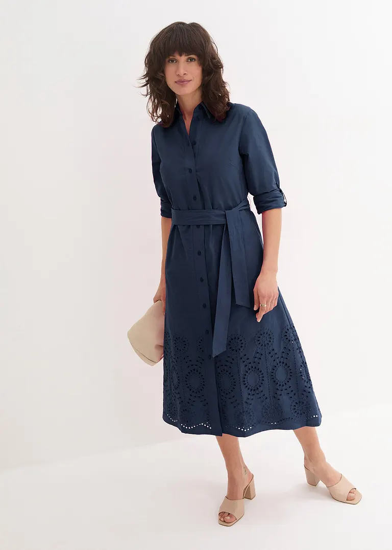 Bonprix Schickes Kleid Mit Lochstichstickerei - Blau Regular